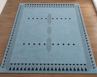Luxuriöser, handgetufteter Wollteppich, moderner minimalistischer blauer Teppich, handgefertigter Wohnzimmerteppich, individuell anpassbarer moderner Teppich