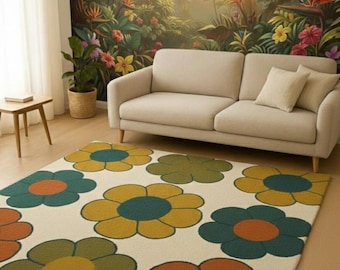 Hand Tufted Floral Rug, Handmade Wool Area Rug, Retro Daisy Carpet, Mid Century Modern Rug, Living Room Decor, Custom Rug