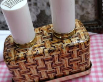 Vintage Lipstick Holder, 1970s Plaid, Porcelain Caddy, Holds 2 Tubes