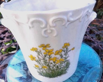 Vintage Flower Pot Takahashi Japan, Yellow & Orange Flowers, 1970s Planter, 5 x 5