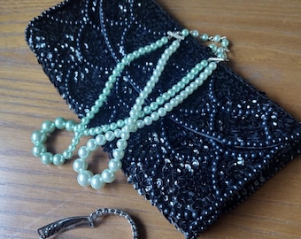 Vintage 1960s Bead Sequin Black Evening Clutch, Cocktail Purse Evening Wear