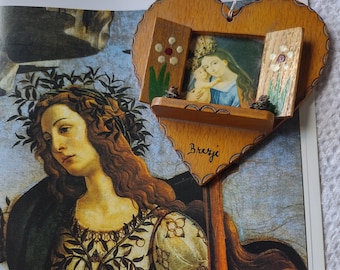 Vintage Mother & Child Ornament, 1970s Wood Religious Heart