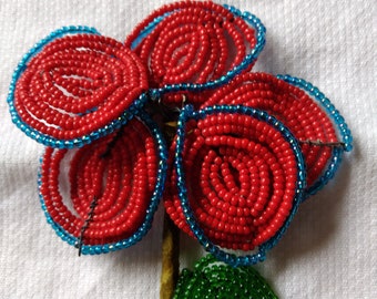 Vintage Red Flower, Seed Bead Flower Stem, 7" tall