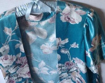 Vintage 1990s Satin Floral Jacket, Open Front, Blue Shabby Chic Roses