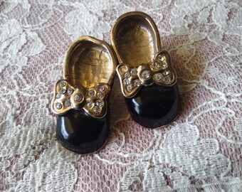 Vintage 1990s Black Shoe Pin, Small Enamel Brooch with Rhinestones