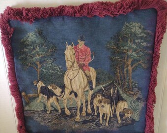 Vintage 1980s Equestrian Sham, Tapestry Cover with Fringe, Horse & Dogs, 17" Square