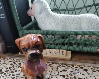 Vintage Brown Boxer Figurine, Dog Holding Shoe, Porcelain Knick Knack