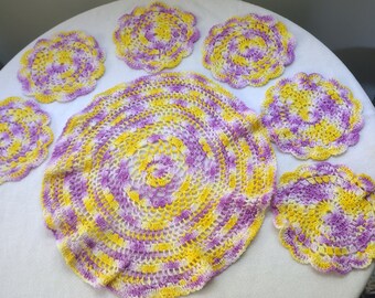 Vintage Purple & Yellow Doily Set, Crocheted Doilies Lot of 7, Handmade 1950s