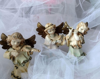Vintage 1980s Italy Angels, 3 Cherub Musicians, Polymer Resin