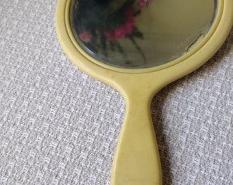 Vintage Celluloid Bakelite Hand Mirror, Yellow Round Handheld 1930s