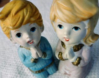 Vintage 1970s Porcelain Boy & Girl Kneeling, Praying Children, Taiwan