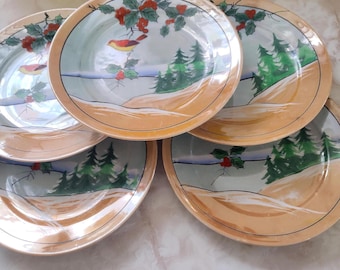 Vintage 1950s Bird Lusterware Plates, Japan, 7.25", Sold in Pairs