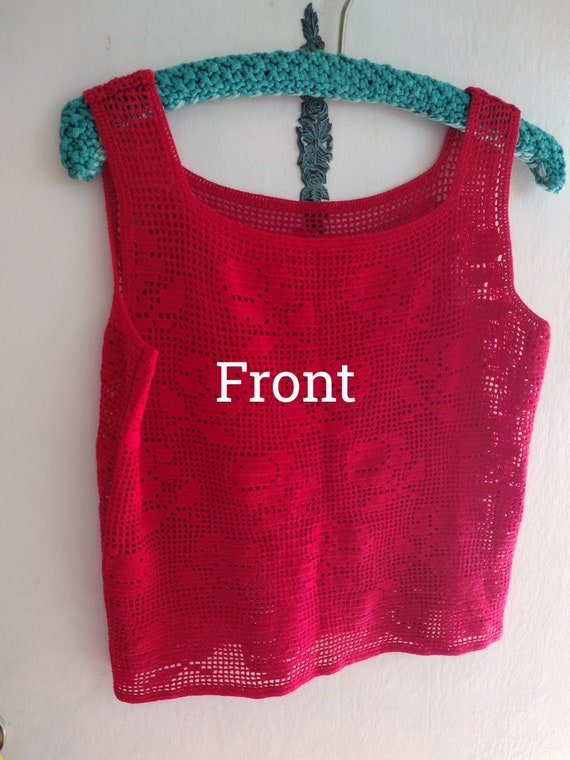 Vintage Red Lacey Top, Lace Crochet Tank, Slipove… - image 3