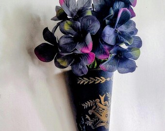 Vintage 1990s Cone 2 Tier Wall Vase, Black Gold Metal Wall Pocket, French Country Toleware