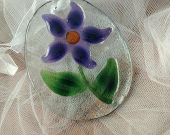 Vintage Purple Flower Glass Suncatcher, Hanging Window Ornament