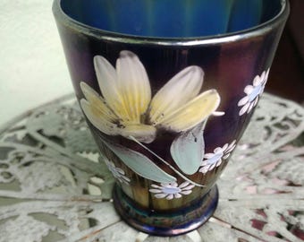 Vintage Carnival Glass Tumbler, Hand Painted with Yellow Flower