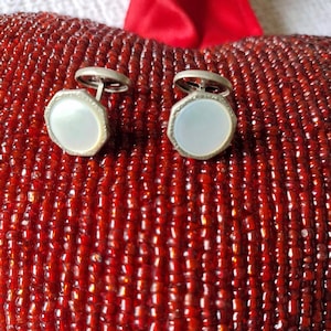 Vintage Cufflinks Mother of Pearl, Small Silver Tone