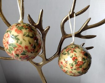 Vintage 1990s Roses Ornaments, Two Round Decoupage Baubles