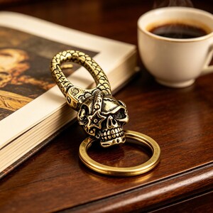 May include: A brass-colored skull keychain with a detailed design, including a star and other embellishments. The keychain is attached to a round ring. A cup of coffee and a book are in the background.