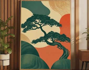 Op de afbeelding: Een rechthoekige wandkunstprint met een gestileerde donkergroene bonsaiboom tegen een achtergrond van abstracte vormen in crème, gedempt groen en gebrand oranje. De compositie bevat fijne lijntexturen in de rechterbovenhoek.