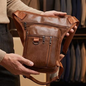 Può includere: Una borsa da gamba in pelle marrone dotata di molteplici scomparti con cerniera, una tasca frontale con un anello a D in metallo e cinghie regolabili. La borsa presenta una finitura liscia e lucida con cuciture visibili e cerniere color argento.