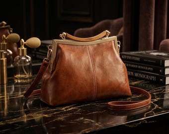 Kiss Lock Bag, Vintage Frame Bag, Leather Frame Handbag, Doctor Bag Women, Small Clasp Purse
