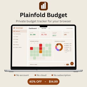 May include: A laptop screen displays the "Plainfold Budget" interface, a private budget tracker. The dashboard shows income, expenses, remaining balance, and savings rate. A spending heatmap and spending by category are also visible. The text reads "No account, No cloud, No subscription."
