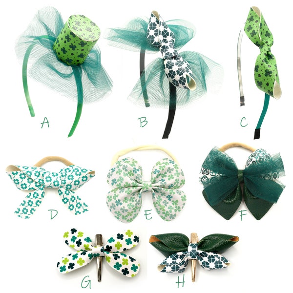 St Patrick's Day Hairbow with Four Leaf Clover Green Themed Hairband | Soft Elastic Band | Hairpin for Infants Babies Girls and Ladies