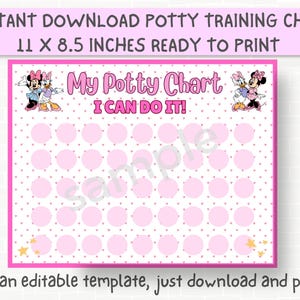 Puede incluir: Una tabla de entrenamiento para ir al baño rectangular de 27,94 por 21,59 cm con fondo blanco con corazones y puntos rosas. Muestra el texto My Potty Chart y I CAN DO IT, decorado con personajes de dibujos animados y filas de círculos rosas.