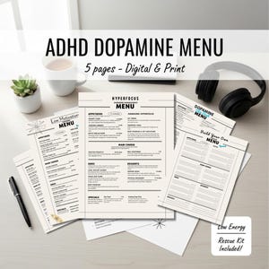 Könnte beinhalten: Ein Set aus gedruckten ADHD-Dopamin-Menü-Seiten mit kategorisierten Listen zur Bewältigung von Hyperfokus, geringer Motivation und zum Erstellen eigener Menüs. Die Dokumente enthalten schwarzen Text auf weißem Papier, einen schwarzen Stift und Kopfhörer.