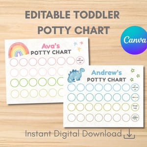 以下が含まれることがあります： EDITABLE TODDLER POTTY CHARTおよびInstant Digital Downloadのテキストが記載された2枚の長方形のトイレトレーニング用チャート。1枚には虹とAva'sという名前、もう1枚には青い恐竜とAndrew'sという名前が描かれており、どちらも円の列が並んでいます。