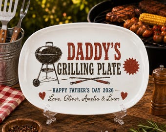 Grill Master Dad Personalized Plate, Custom BBQ Platter for Dad, Father’s Day Gift for Papa From Kids