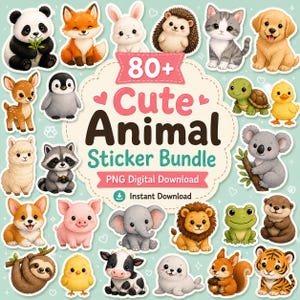 May include: A collection of over 80 cute animal stickers, including a panda, fox, bunny, hedgehog, cat, dog, deer, penguin, llama, raccoon, corgi, pig, elephant, lion, frog, otter, sloth, chick, cow, seal, squirrel, and tiger. The stickers are a PNG digital download.