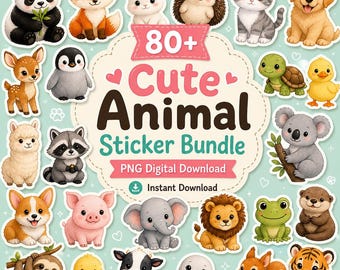 80+ Animal Sticker Bundle PNG | Kawaii Stickers Pack | Digital Download | Planner Stickers | Scrapbook Clipart