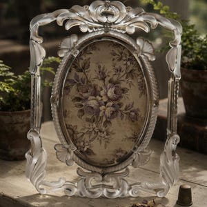 May include: A clear, molded glass picture frame with an ornate, scroll-like border and a central oval opening. The frame holds a fabric insert featuring a detailed print of purple and white roses with green foliage on a beige background.