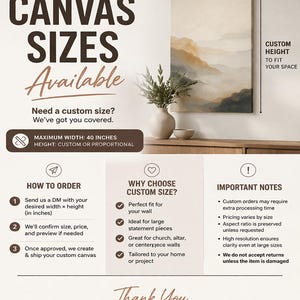 Puede incluir: Tama&ntilde;os de lienzo personalizados disponibles, hasta 101.6 cm de ancho. La imagen muestra una impresi&oacute;n en lienzo con una pintura de paisaje, un jarr&oacute;n con vegetaci&oacute;n y texto sobre c&oacute;mo pedir tama&ntilde;os personalizados. El texto incluye "Tama&ntilde;os de lienzo personalizados disponibles".