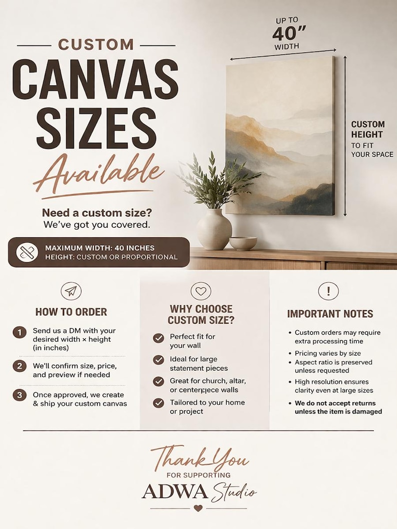 Puede incluir: Tama&ntilde;os de lienzo personalizados disponibles, hasta 101.6 cm de ancho. La imagen muestra una impresi&oacute;n en lienzo con una pintura de paisaje, un jarr&oacute;n con vegetaci&oacute;n y texto sobre c&oacute;mo pedir tama&ntilde;os personalizados. El texto incluye "Tama&ntilde;os de lienzo personalizados disponibles".