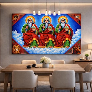May include: A large, colorful painting depicting three figures with halos, seated on clouds. They wear red robes with green sleeves and hold golden chalices. The background is blue with decorative elements, including a lion and a bull. The artwork hangs above a wooden dining table.