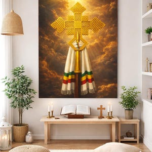 Puede incluir: Una gran cruz dorada ornamentada con un diseño detallado, sobre un fondo de cielo nublado y dorado. Un paño blanco con rayas coloridas cuelga de la cruz. La escena evoca reverencia.
