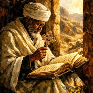 Puede incluir: Pintura de un hombre mayor con turbante y t&uacute;nica blancos, leyendo un libro y sosteniendo una cruz dorada. La obra presenta una paleta de colores c&aacute;lidos y terrosos, con una ventana que da a un paisaje monta&ntilde;oso.