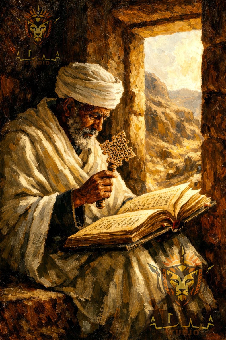 Puede incluir: Pintura de un hombre mayor con turbante y t&uacute;nica blancos, leyendo un libro y sosteniendo una cruz dorada. La obra presenta una paleta de colores c&aacute;lidos y terrosos, con una ventana que da a un paisaje monta&ntilde;oso.