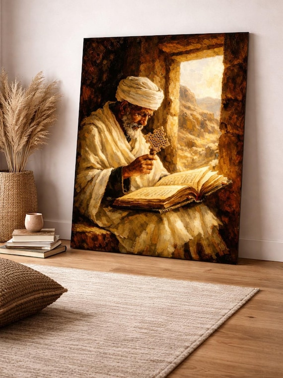 Ethiopian Orthodox Priest Wall Art Canvas | Christian Prayer Artwork | Spiritual Religious Decor