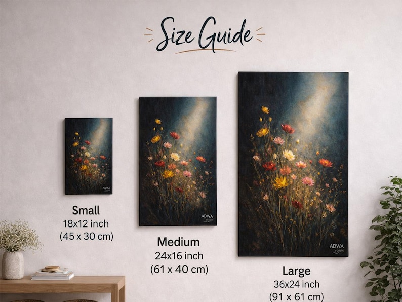 Puede incluir: Una gu&iacute;a de tallas muestra tres impresiones art&iacute;sticas en lienzo con un dise&ntilde;o floral. La impresi&oacute;n peque&ntilde;a mide 45x30 cm, la mediana 61x40 cm y la grande 91x61 cm. Las impresiones presentan flores coloridas sobre un fondo oscuro.