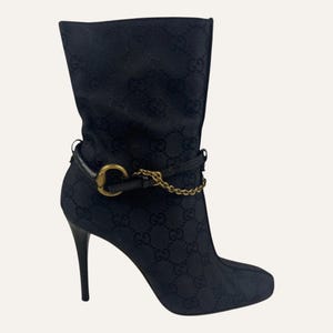 Vintage Gucci Tom Ford Monogram Canvas Ankle Boots Horsebit Chain Stiletto Heel Size 5.5