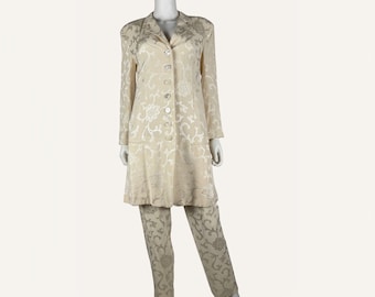 Vintage Donna Karan Silk Brocade Pant Suit Cream Mother of Pearl Buttons 90s