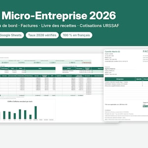 Könnte beinhalten: Ein digitales Unternehmensverwaltungskit mit dem Titel Kit Micro-Entreprise 2026, bestehend aus einem Dashboard mit Finanztabellen, monatlichen Umsatzbalkendiagrammen und einer Rechnungsvorlage. Die Oberfläche enthält Hinweise für Excel und Google Sheets.