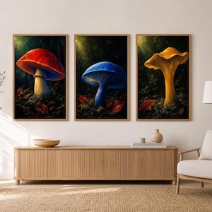 Mushroom Wall Art Set of 3, Vintage Mycology Prints, Jewel Tone Botanical Decor, Dark Academia Digital Download