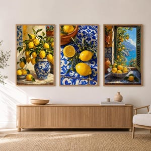 Lemon Wall Art Set of 3, Mediterranean Kitchen Decor, Amalfi Coast Italian Print, Citrus Oil Painting, Printable Digital Download