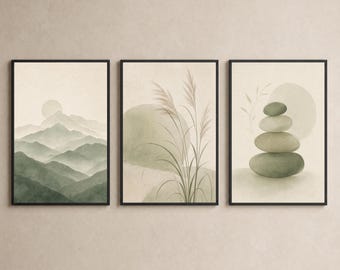 Wandbild-Set in Salbeigrün (3-teilig), Wabi-Sabi-Japandi-Berge, Zen-Kunst zum Ausdrucken, minimalistisch, neutral, digitaler Download, Schlafzimmerdekoration