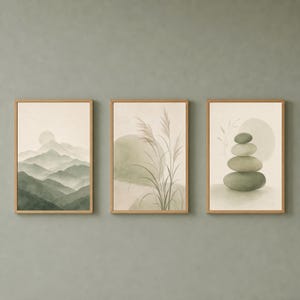 Sage Green Wall Art Set of 3, Wabi Sabi Japandi Mountains Printable Zen Art, Minimalist Neutral Digital Download, Bedroom Decor